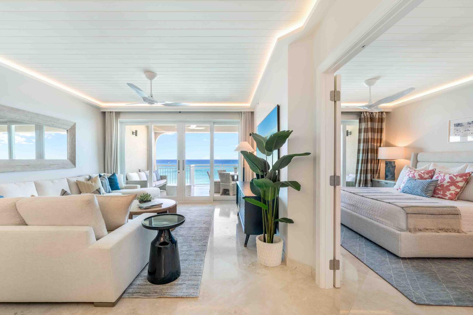 The Primary Suite is the only bedroom on the oceanside. The other 2 bedrooms are on the landside of the condo.