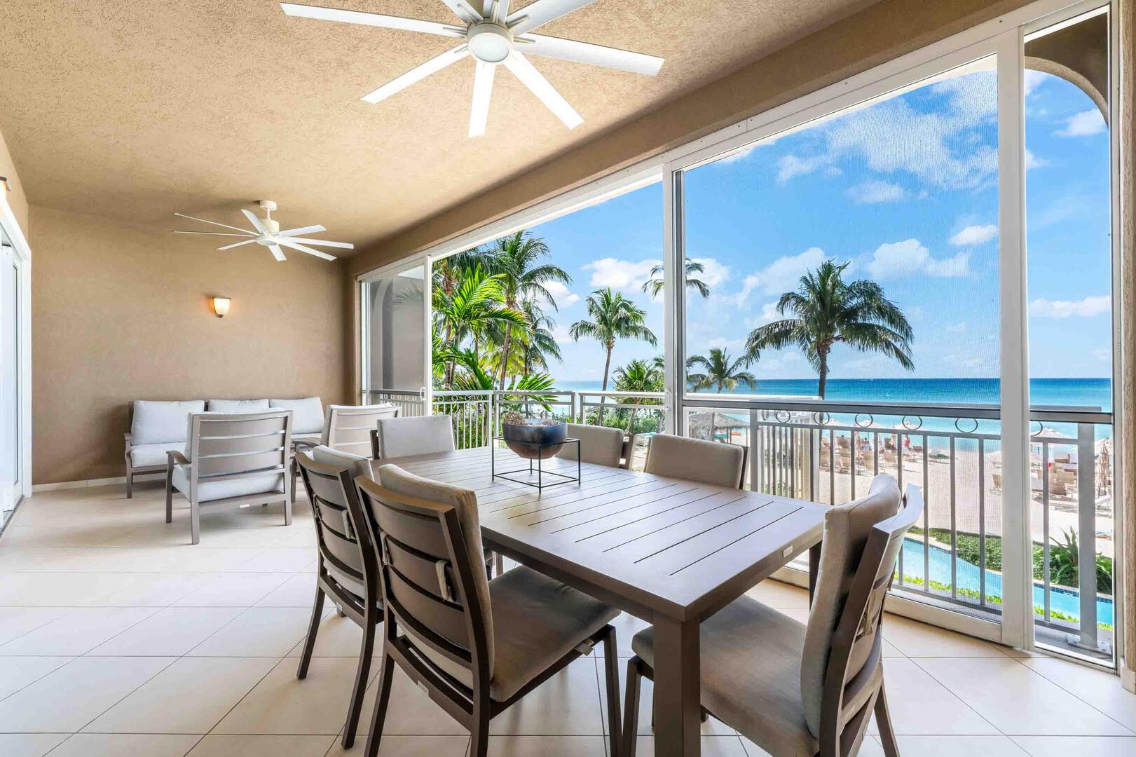 Savor alfresco meals with spectacular beachfront views from the condo's balcony.