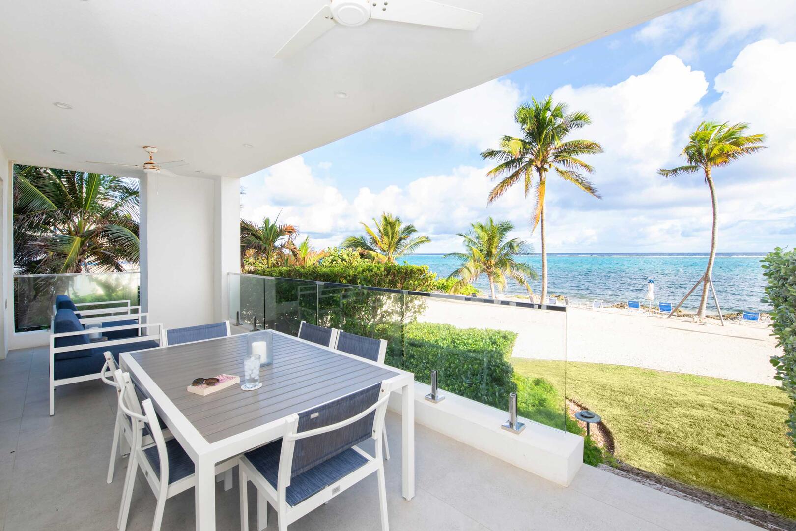 Private furnished veranda with walkout access to the beach.