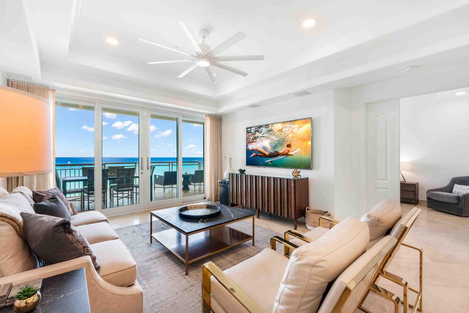 This is Beachcomber 40, a 3-bedroom penthouse condo overlooking Seven Mile Beach.
