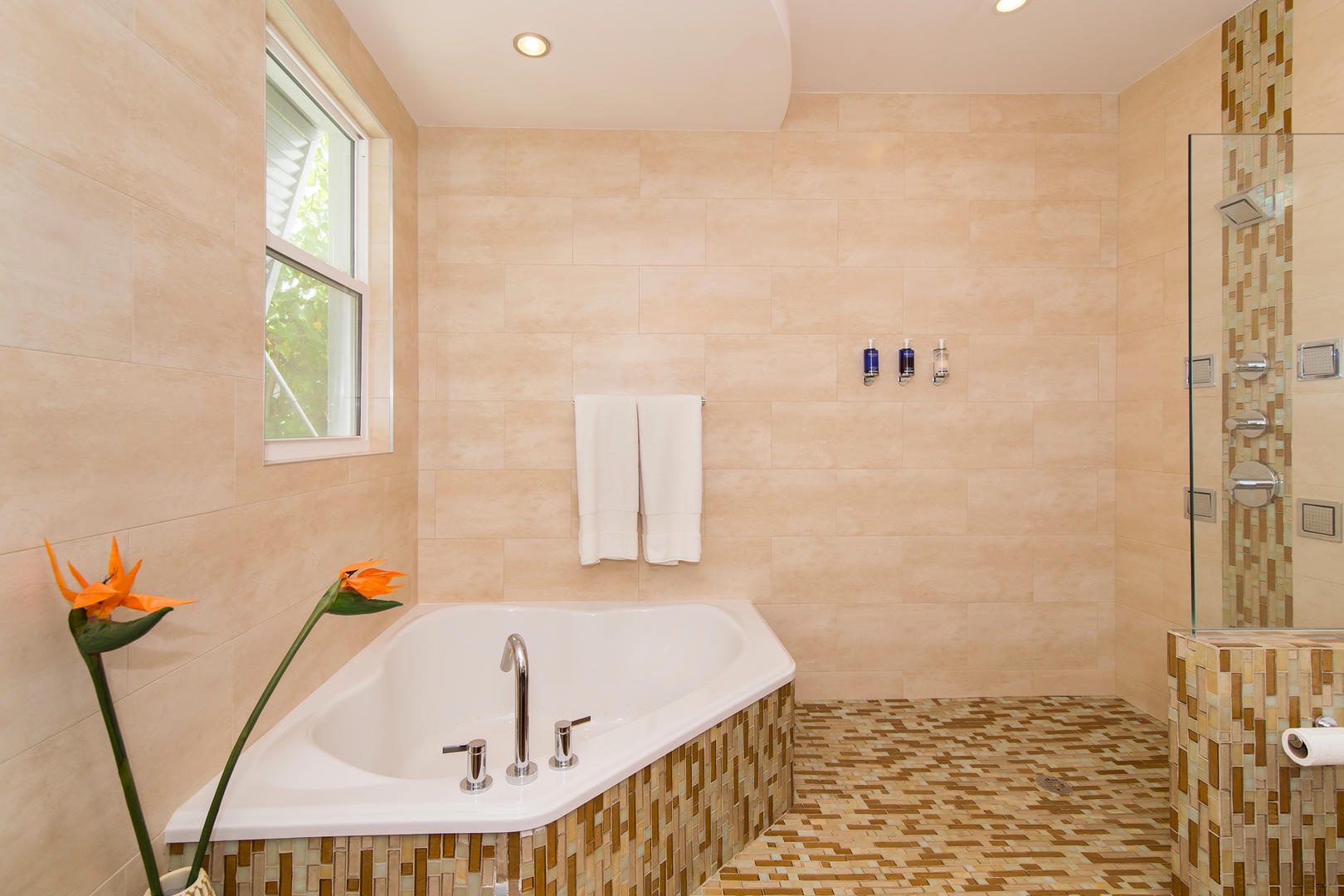 Master bath with a walk-in shower and free-standing tub.