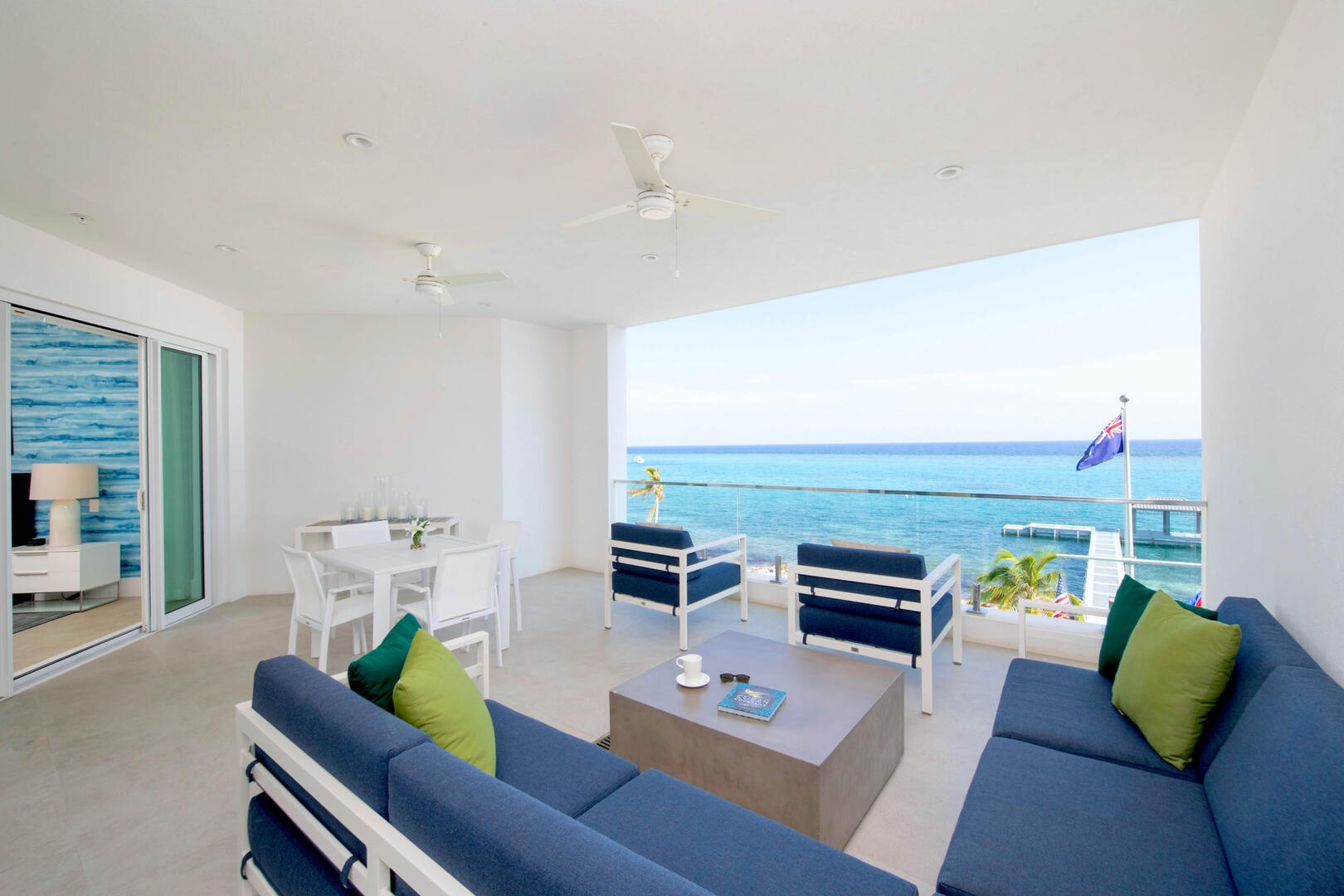 Spacious balcony with ocean views.