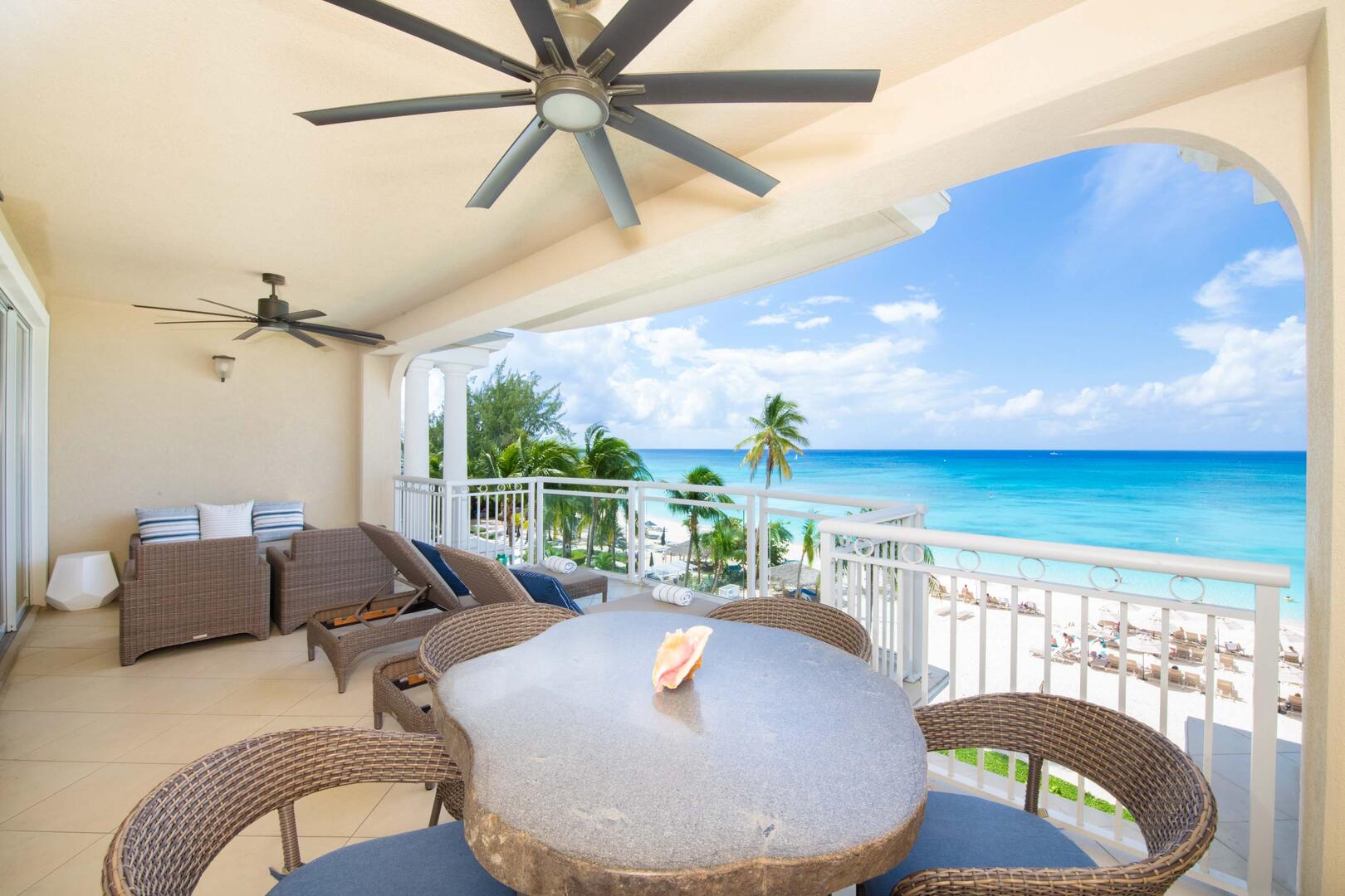 Private furnished balcony with magnificent oceanfront views.
