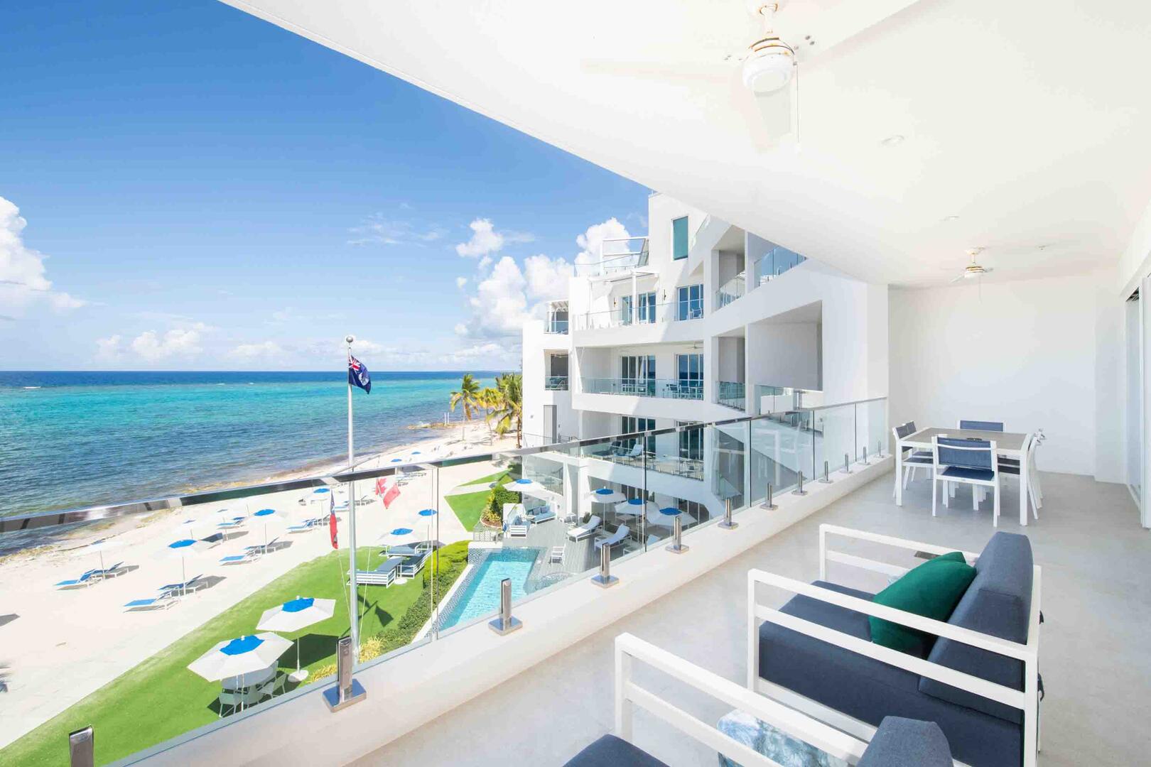 Private spacious balcony overlooking the beachfront.