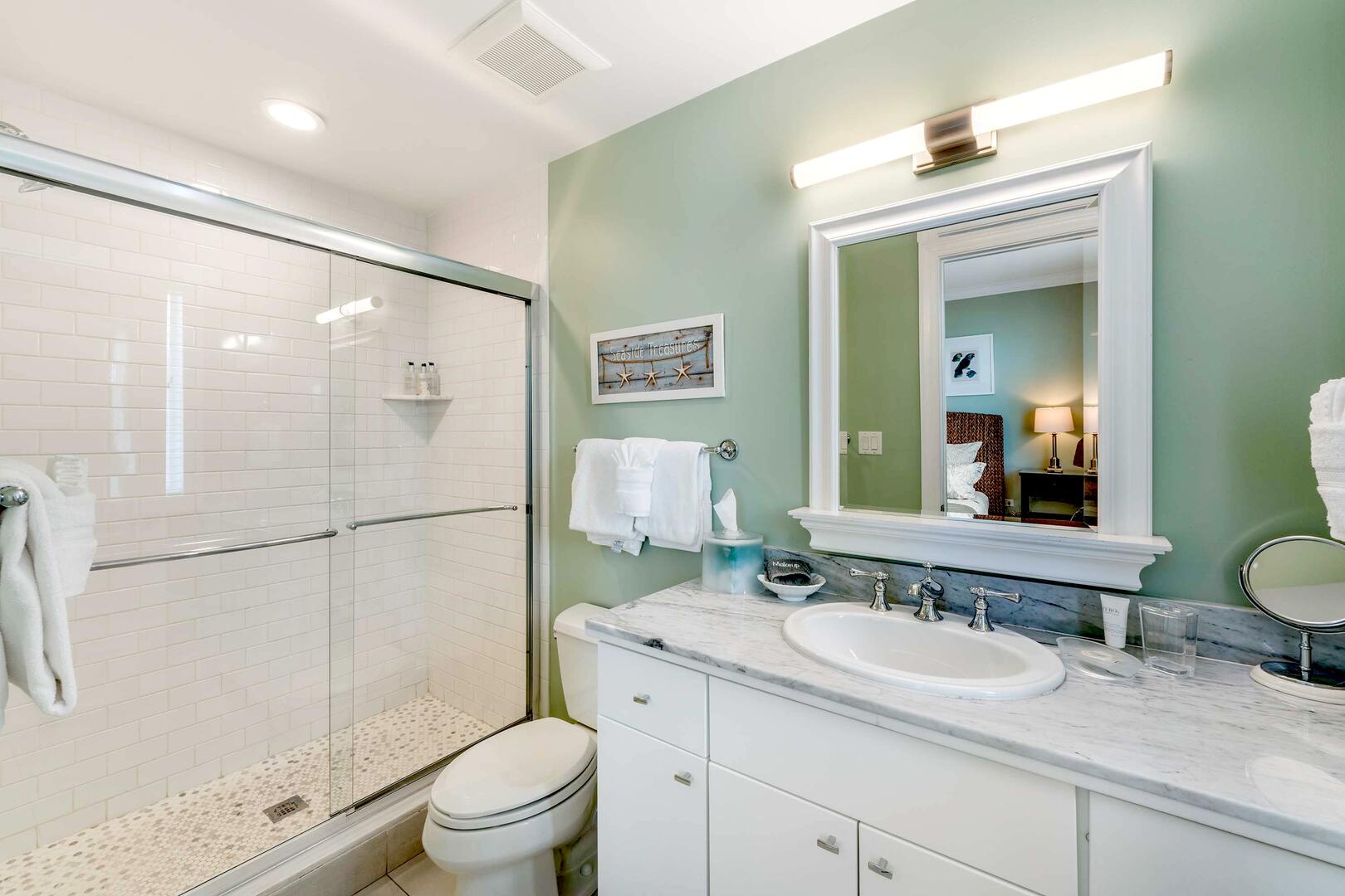 Bedroom 3 ensuite is equipped with a shower.