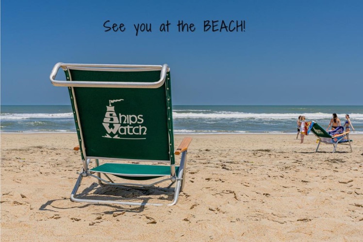 A pristine sandy beach stretches along the ocean, with branded beach chairs ready for relaxation and groups enjoying the waves under clear blue skies.