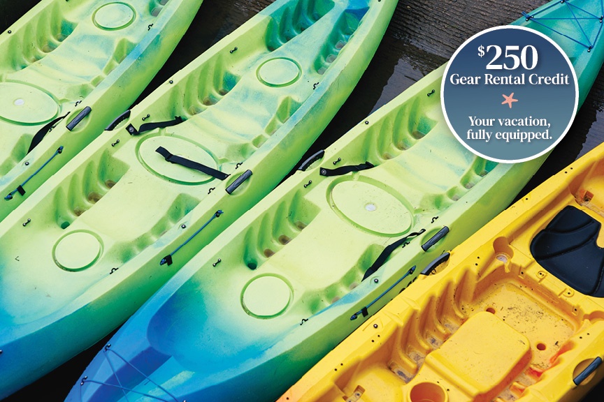 Colorful kayaks await your next waterside adventure, complete with gear rental credit to make planning effortless and fun.