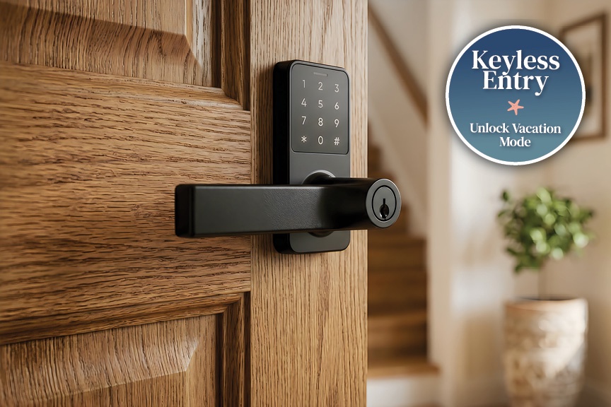 Keyless entry with smart lock technology makes check-in effortless—just tap your code and step into your home away from home.