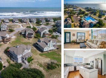 Aerial view of a waterfront property nestled among beach homes, showcasing the proximity to the ocean and surrounding neighborhood.