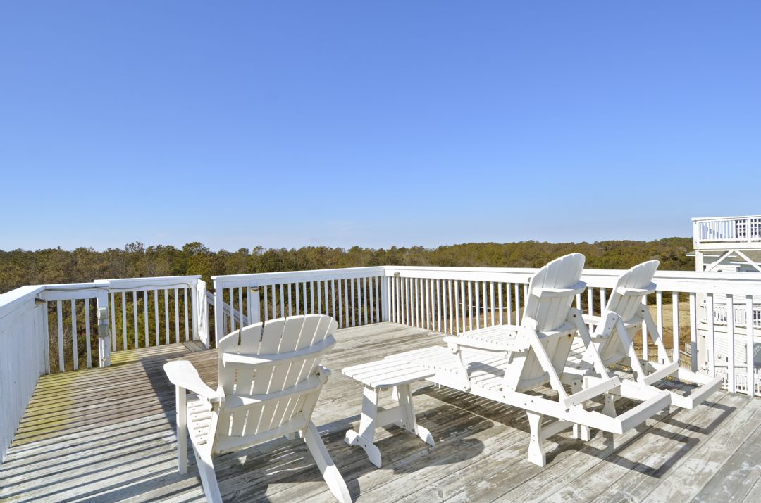 This rooftop deck offers sweeping views of treetops and blue skies, providing an elevated retreat where you can unwind in sun-soaked comfort.