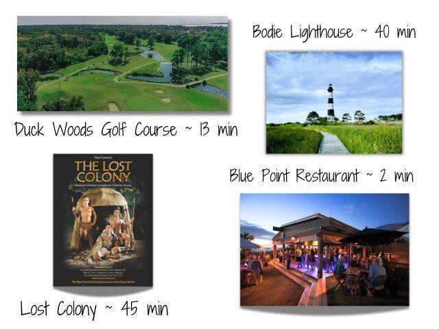 Nearby attractions include Duck Woods Golf Course for a scenic round, historic Bodie Lighthouse for coastal views, and Blue Point Restaurant for waterfront dining.
