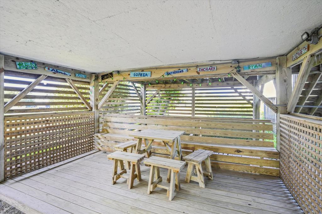 Gather around your private covered patio for meals or conversation, with personalized name plaques and plenty of seating on rustic wooden benches.