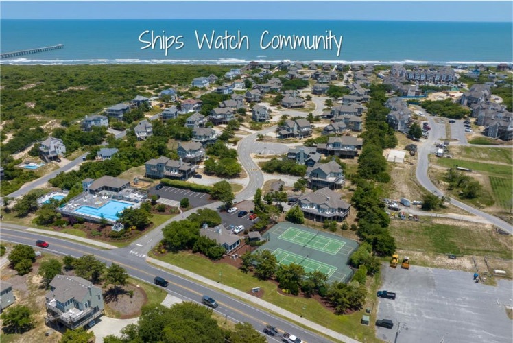 Aerial view of Ships Watch Community, a coastal vacation rental neighborhood featuring tennis courts, swimming pools, and easy beach access along North Carolina's Outer Banks.