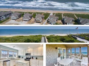 This oceanfront property sits directly on the sandy beach with multiple vacation homes offering direct access to the shore, surrounded by coastal greenery and expansive ocean views.