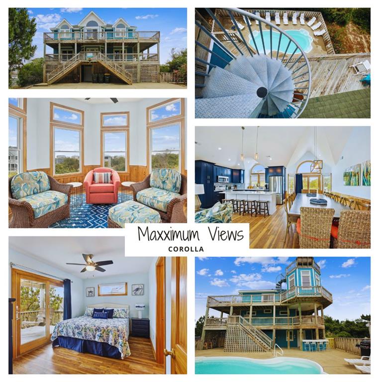 This multilevel coastal home in Corolla offers expansive windows framing stunning views, multiple decks, a private pool, and beautifully appointed interiors—your perfect Outer Banks retreat.