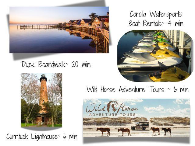 A serene waterfront community at sunset, featuring charming properties along a tranquil sound, with a historic lighthouse and exciting water activities just minutes away.