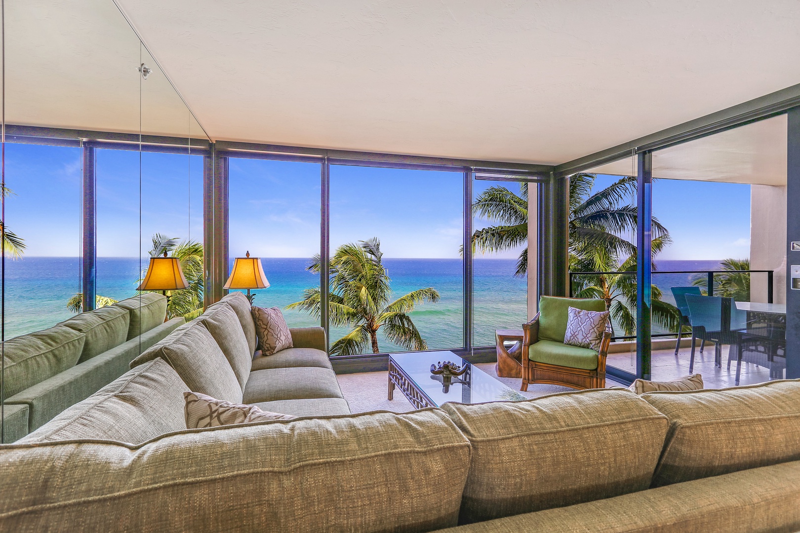 Living space with panoramic ocean views, sofa sleeper, and Smart TV