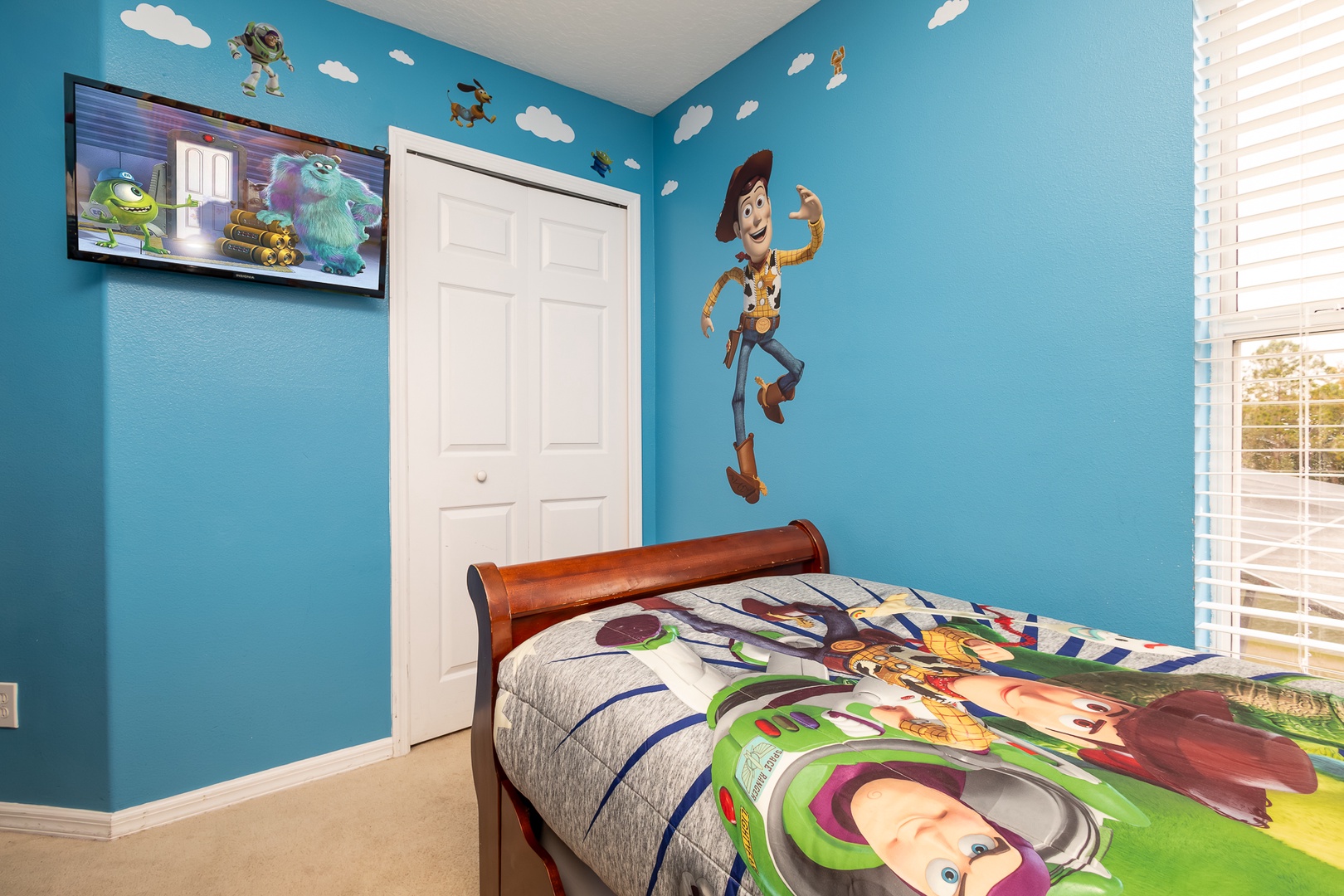 This 2nd floor princess-themed bedroom has a twin-over-full bunk bed & an additional twin bed