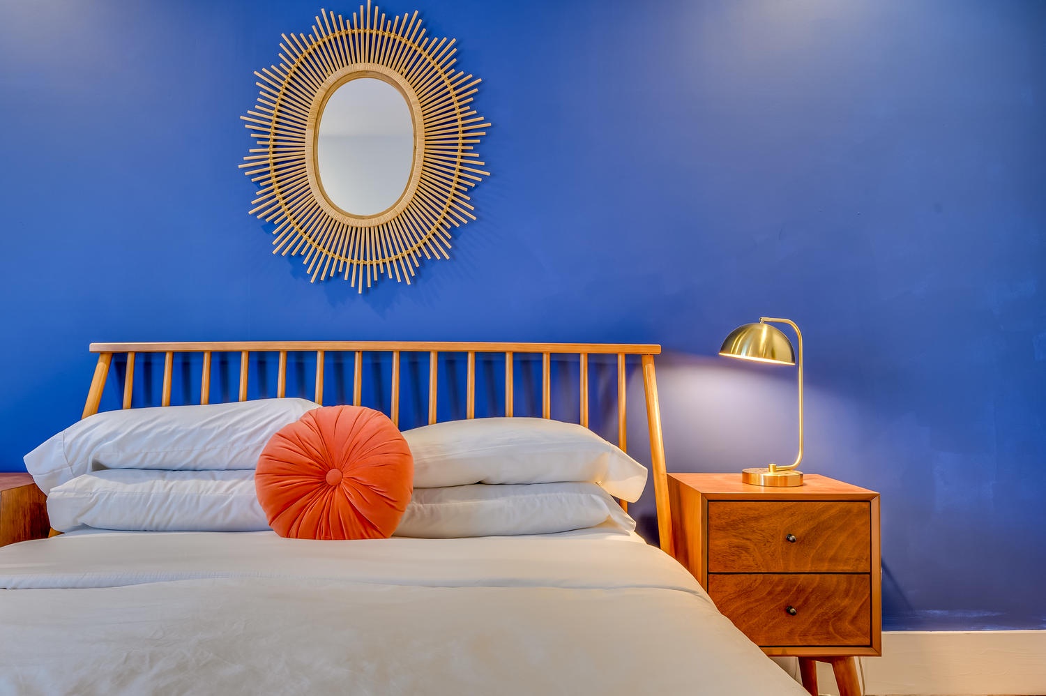 Suite 203 – The 2nd Floor Blue Mid-Century Suite offers Casper King and Queen Beds, Smart TV, and En Suite Bathroom