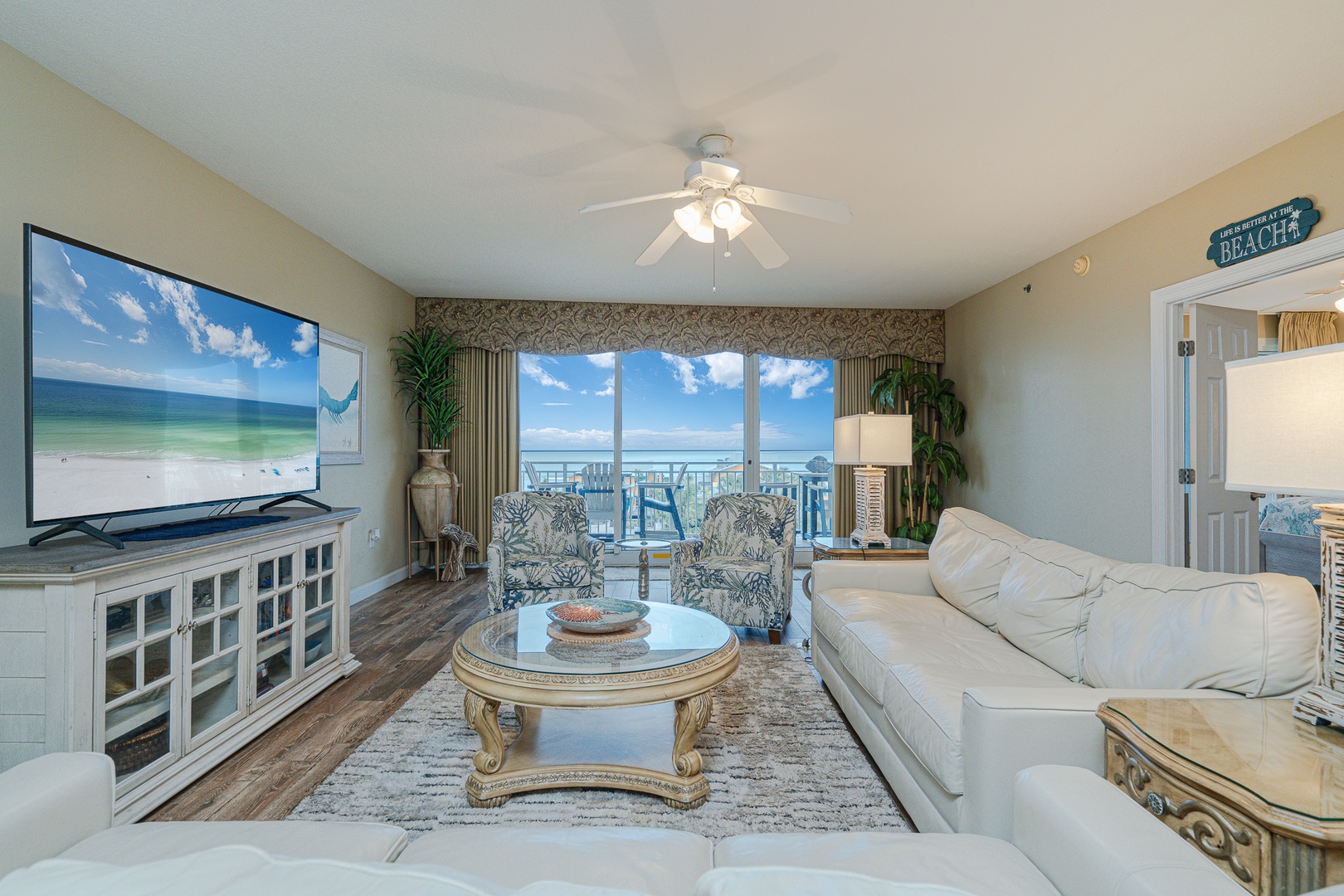 Curl up in the coastal living room & stream all your favorite entertainment