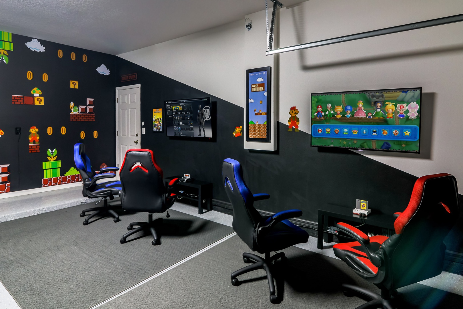 Video Game Room with TV's, gaming consoles, and game chairs(garage)