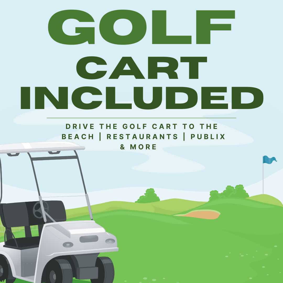6 passenger golf cart included!!  The beach is only a 5 minute drive away!