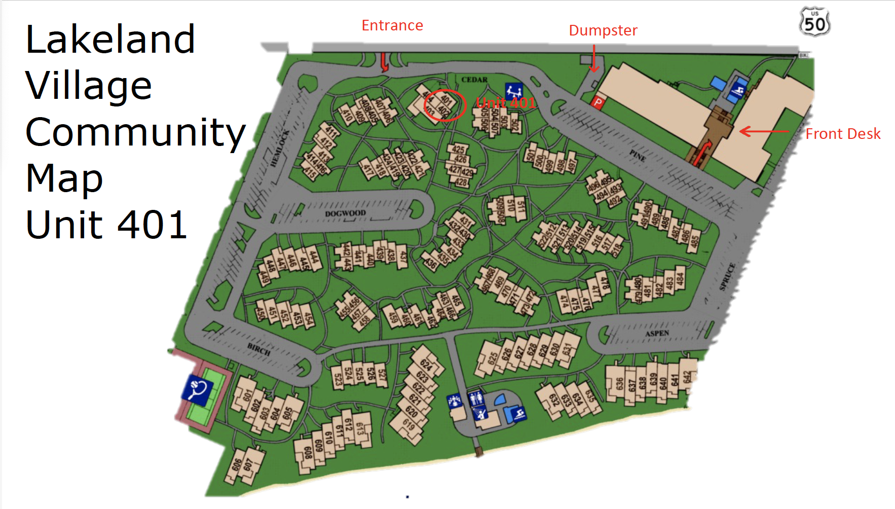 Lakeland Village map with Dumpster