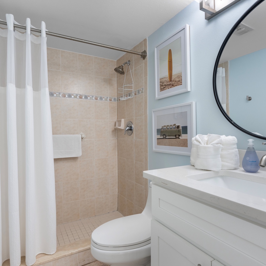The king ensuite bath offers a single vanity & walk-in shower