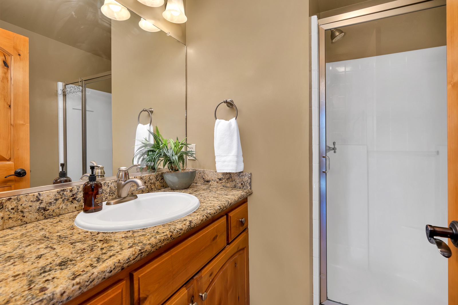 This main-level full bathroom offers guests a spacious single vanity & shower