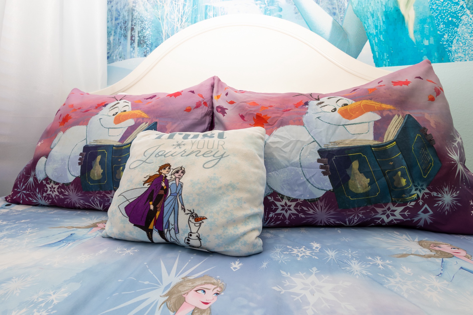 This Frozen-themed full and twin ensuite features a smart TV