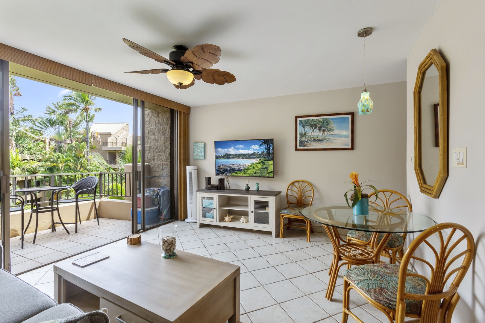 The living room provides cozy seating and a TV