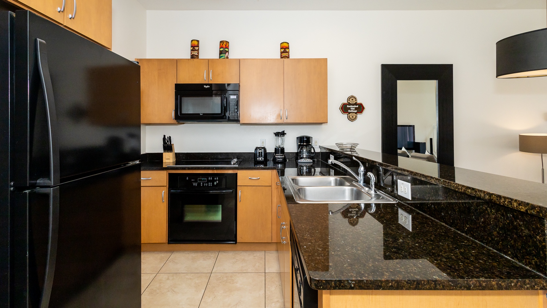 The updated kitchen is well-equipped for your visit to Kissimmee