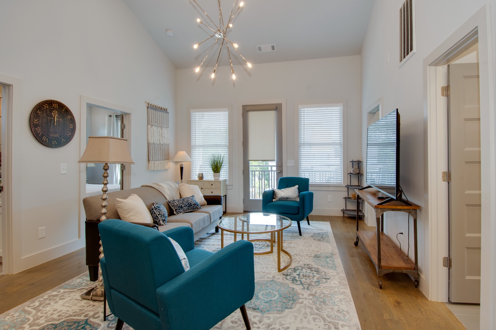 Chic living room with Smart TV, comfortable seating