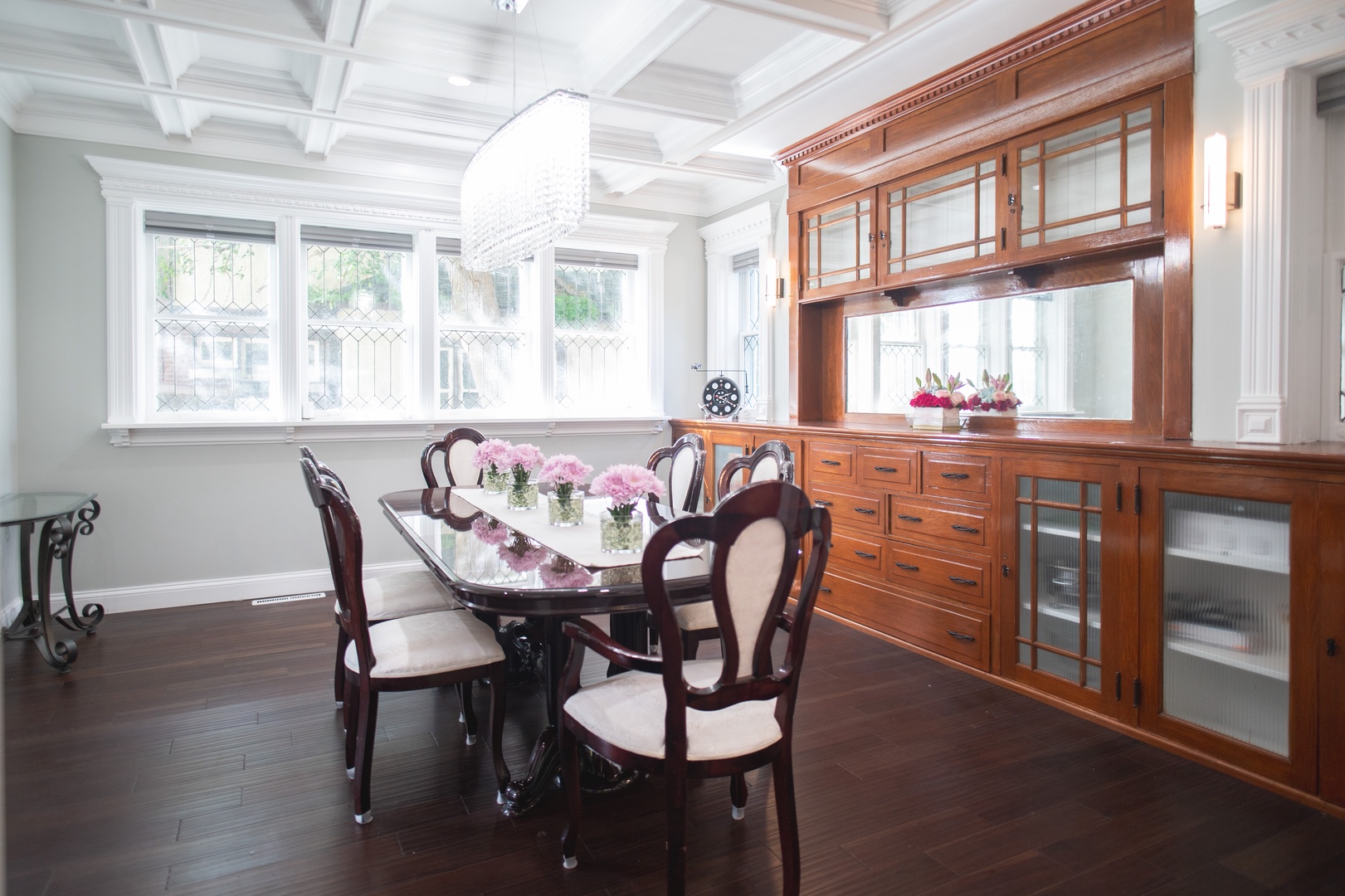 Elegant formal meals can be enjoyed in the dining room, offering seating for 6
