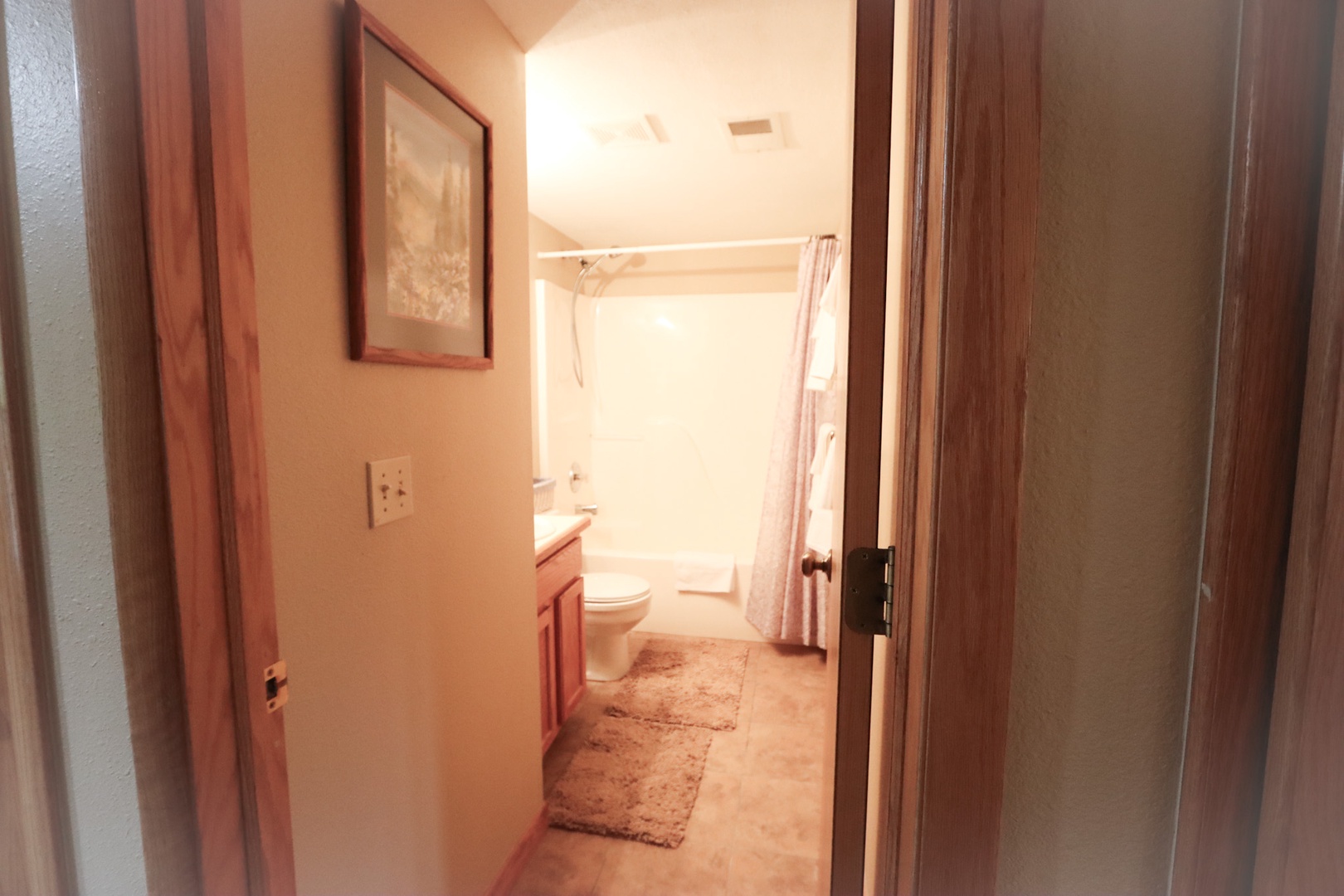 The shared full bathroom offers a single vanity & shower/tub combo