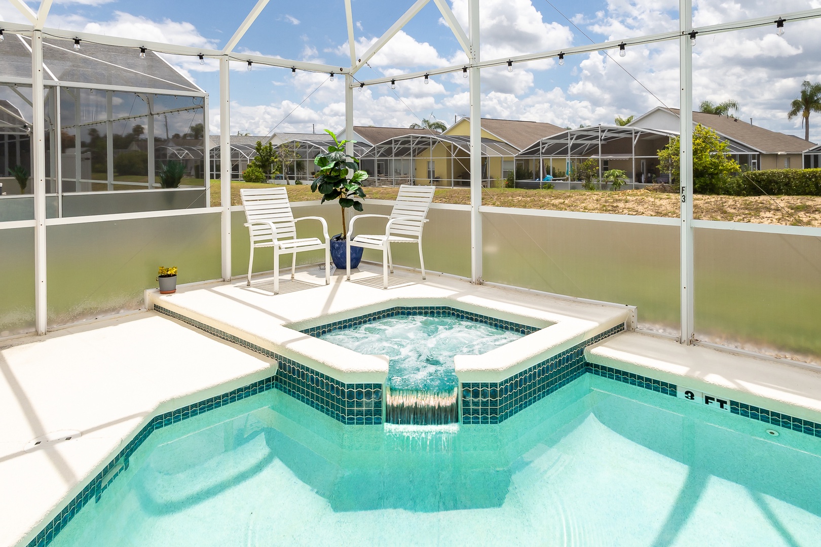 Screened in private pool with out door seating