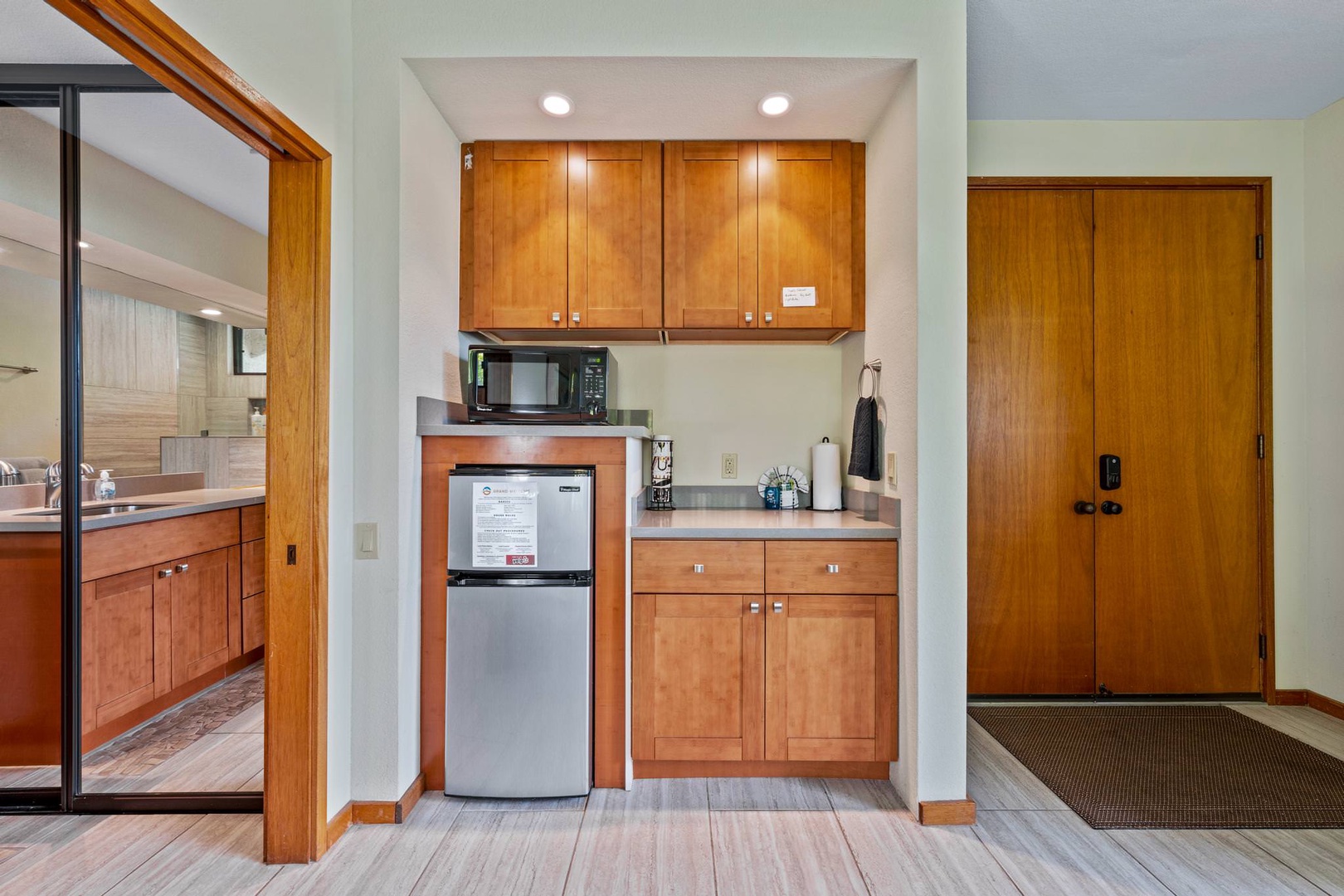 Kitchenette with Keurig, microwave, mini-fridge, blender, toaster