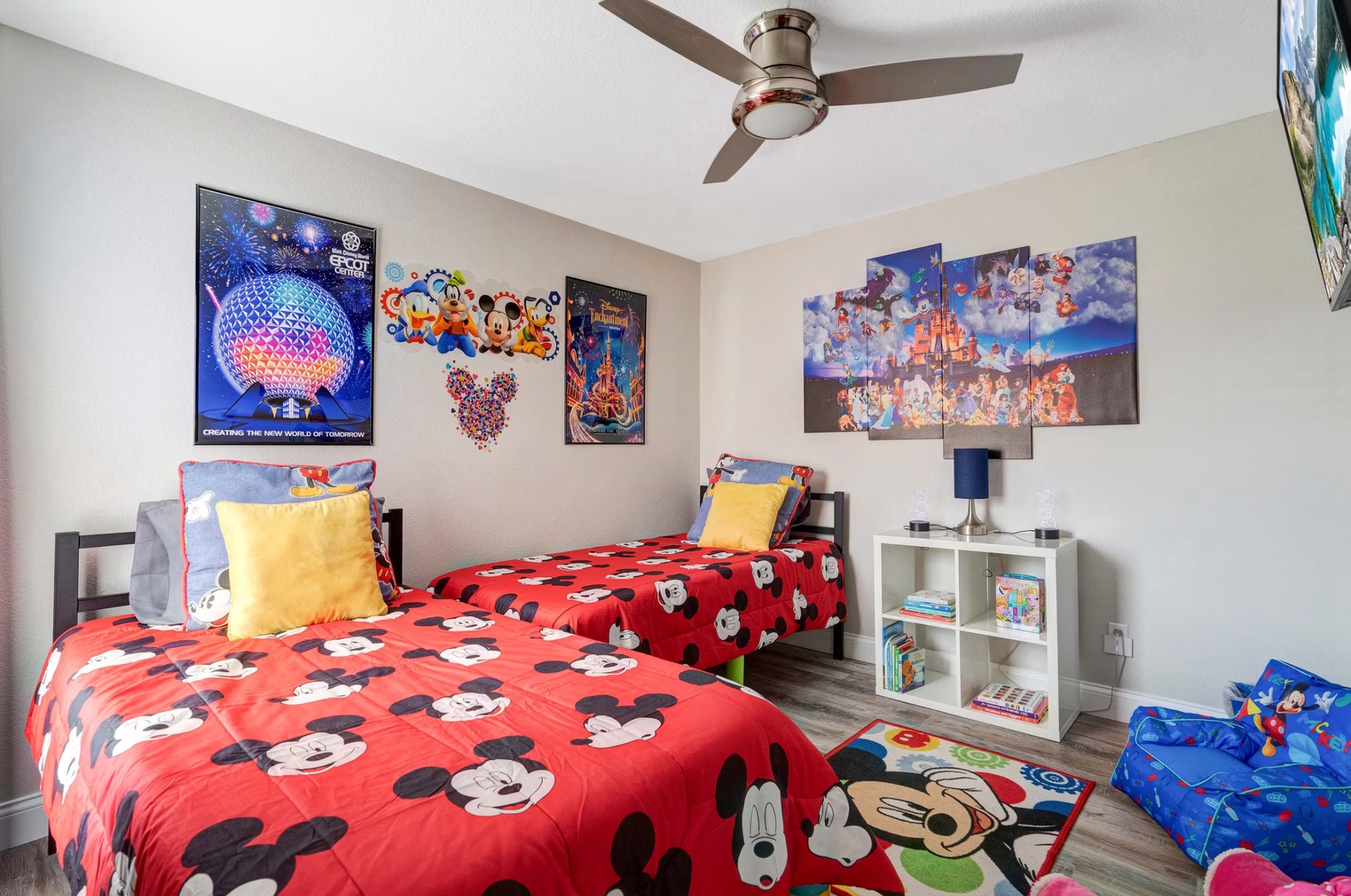 The magical Disney-themed bedroom has two plush twin beds & smart TV