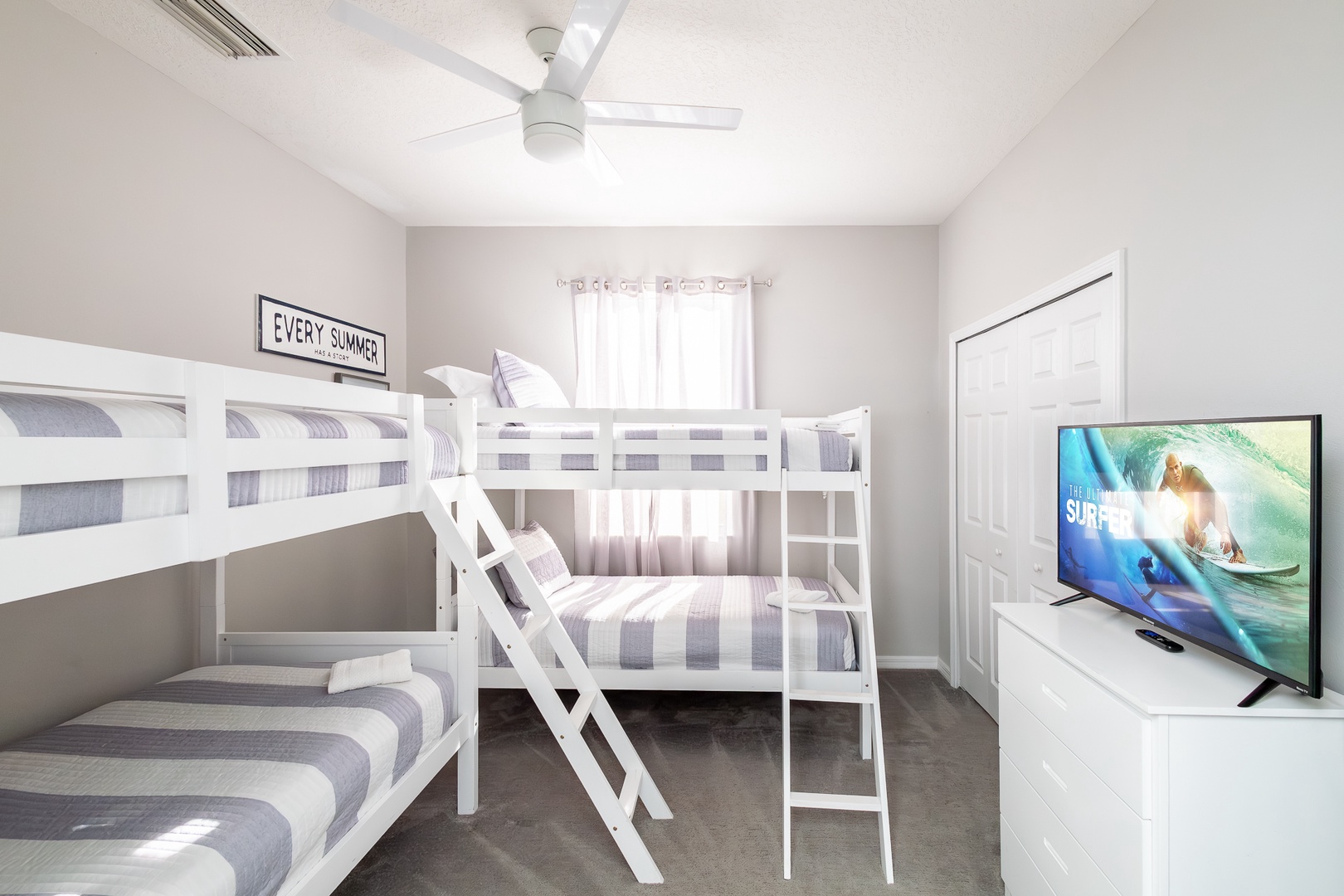 The bedroom retreat offers two twin bunkbeds & smart TV