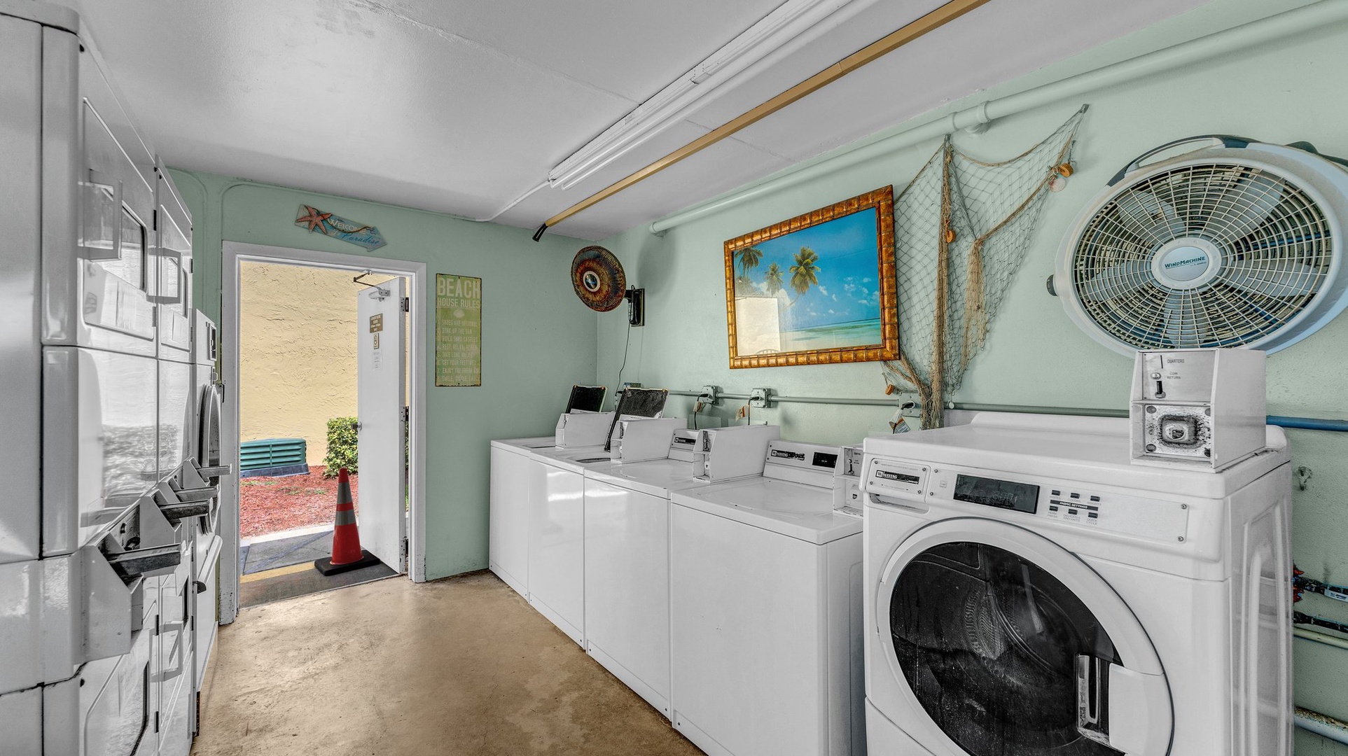 Communal, coin-operated laundry is available for guests