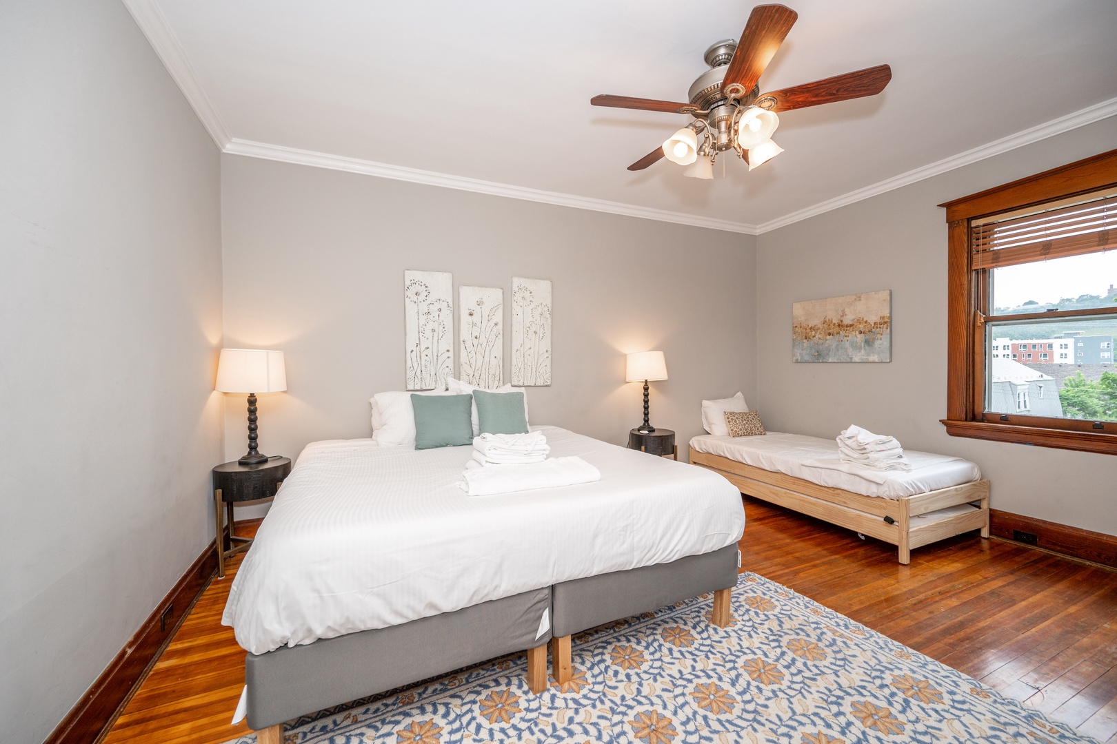 This bedroom retreat on the 2nd floor offers a plush king & twin bed