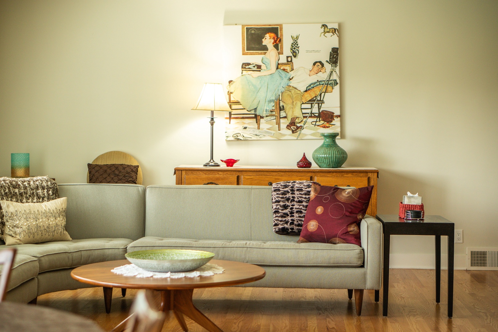 Living room with cozy seating and Smart TV