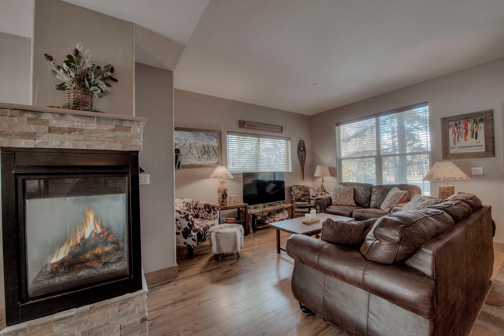 Open living space with gas fireplace, and cable TV