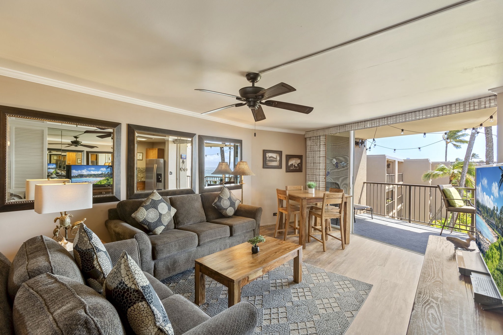 Livingroom with ample seating, sofa sleeper, and Smart TV