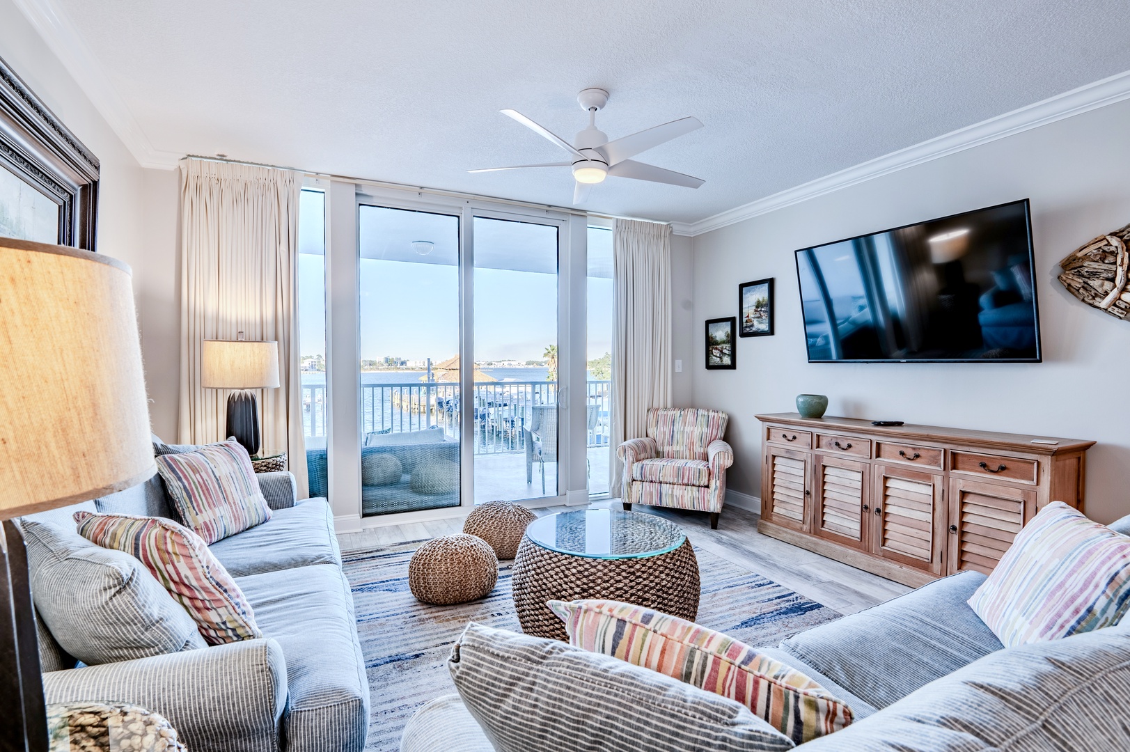 Curl up in the coastal living room & stream your favorite shows and movies with a gorgeous view