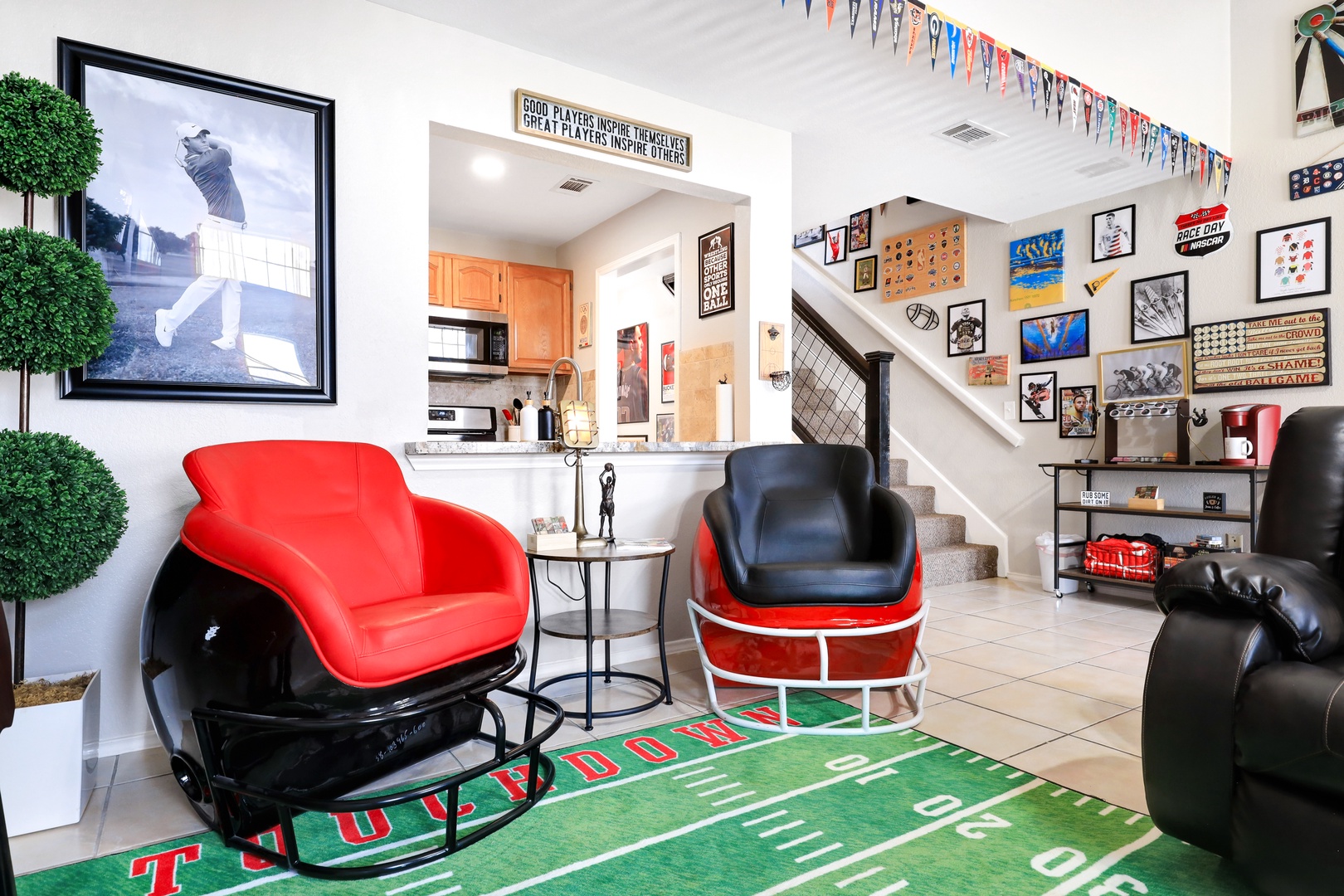 Enjoy the ultimate sports den: Smart TV, basketball, and putting green!
