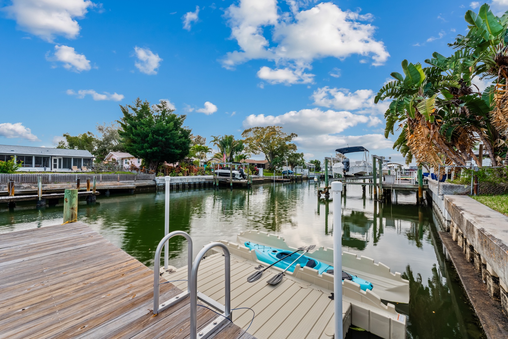 Embark on kayak adventures or cast a fishing line from the private dock