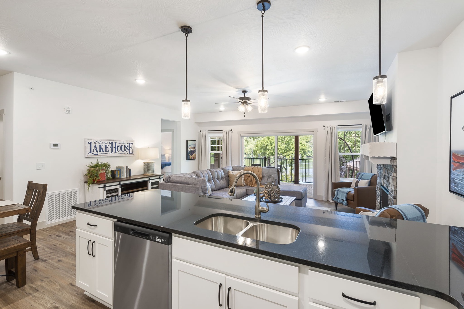 The open kitchen boasts ample counter/storage space and fantastic amenities