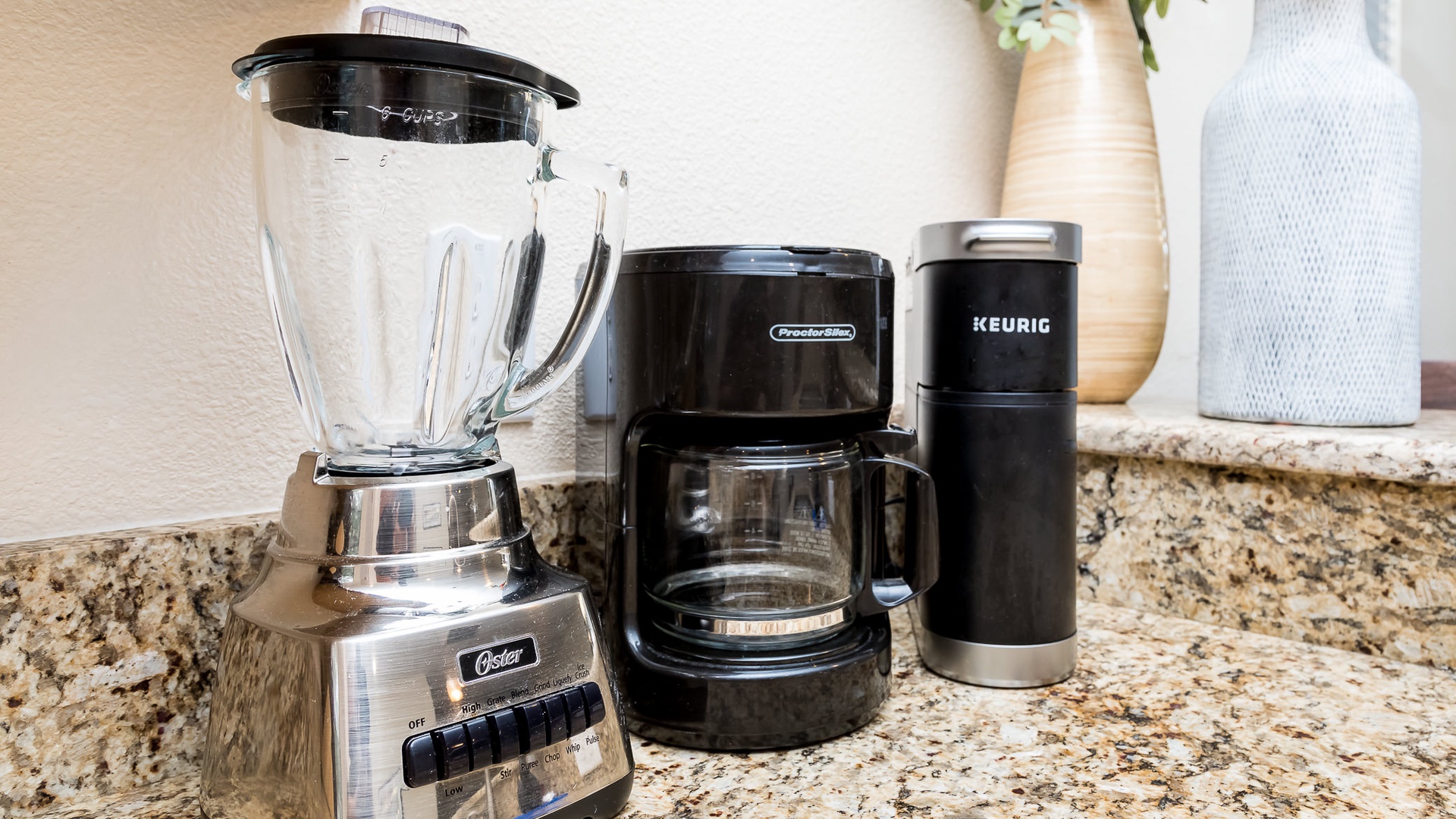 Fully equipped kitchen with blender, coffeemaker, and Keurig