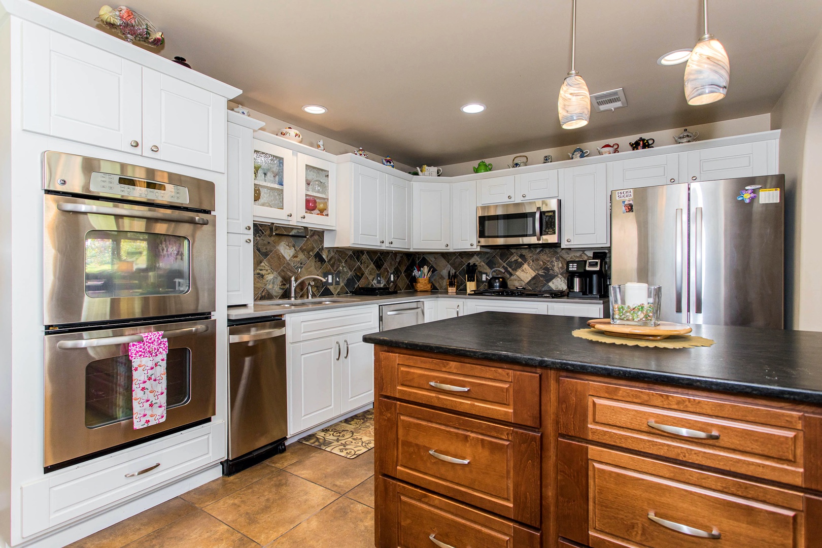 Kitchen with drip coffee maker, Keurig, blender, toaster, and more